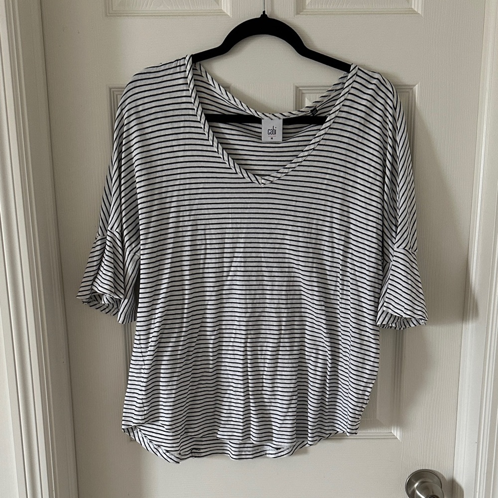 CAbi Black and White Striped V-Neck Tee with Flutter Sleeves
